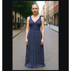 Ann Taylor LOFT Dress Womens Large Blue Maxi Ikat Print Short Sleeve Lined Boho